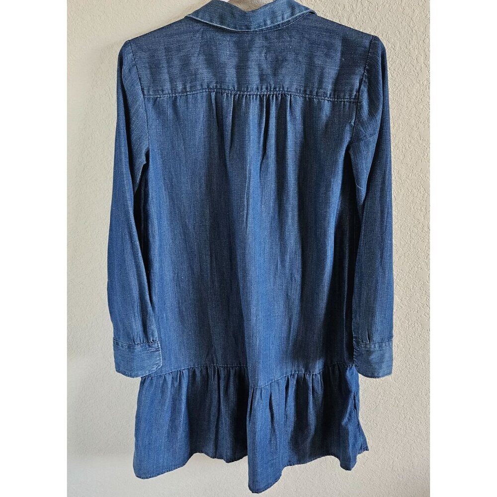 Loft Woman Size XS Chambray Linen Blend Shirt Dress Tiered Skirt Western Cowgirl - Picture 2 of 7